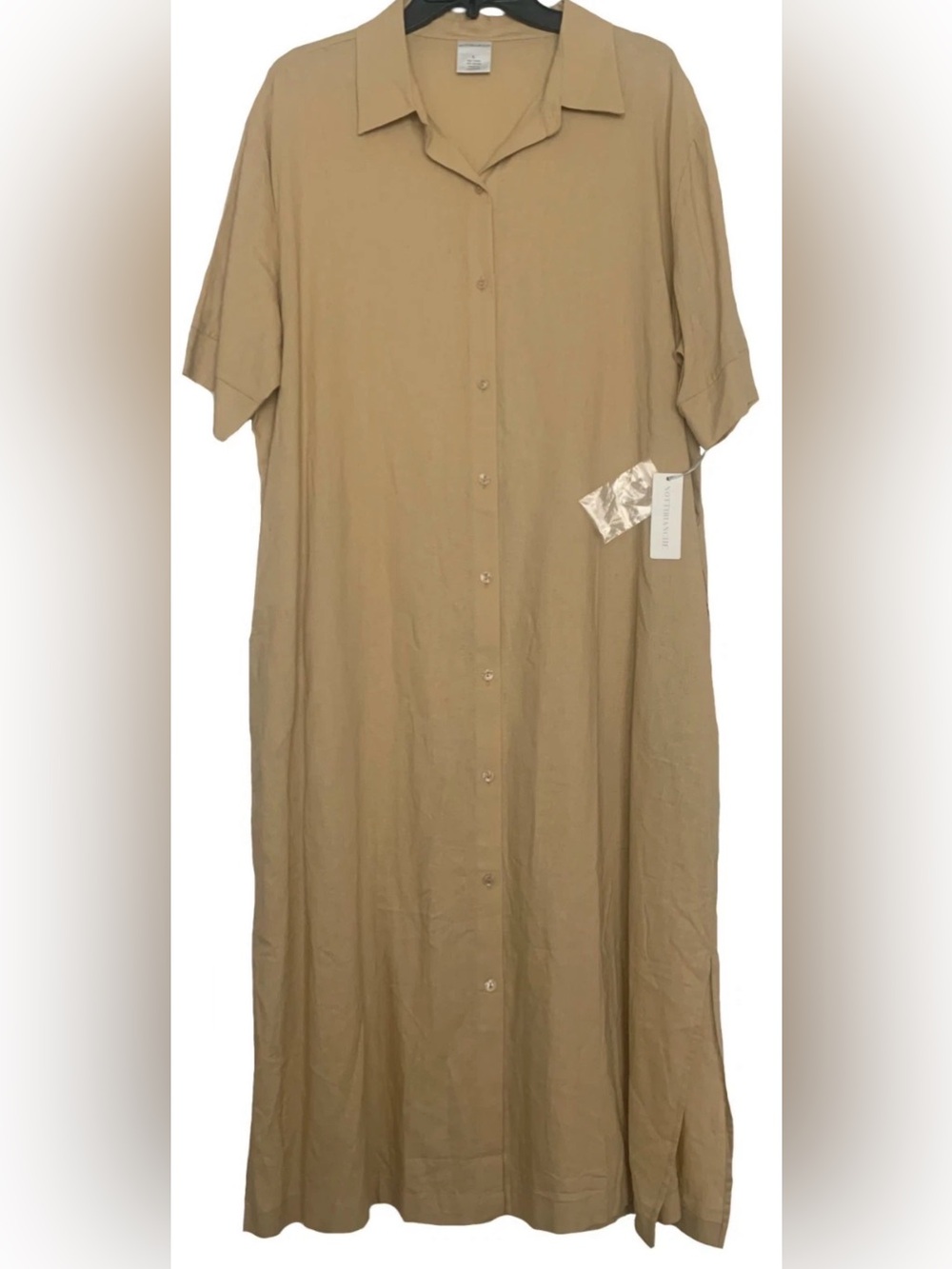 NEW Size L Womens Nottibianche Casual Linen Maxi House Dress Pockets Tan $58